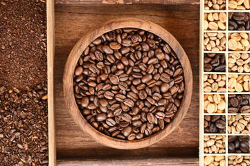 Different coffee beans in a rectangular box for background