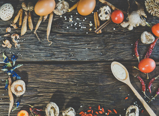 Spices Thai herbs for health on wooden table