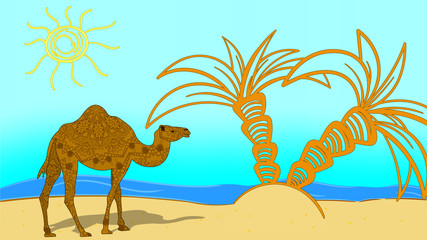 vector illustration. Egypt. Beach and sea. A camel with a mandala.