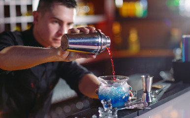 Bartender pouring fresh cocktail in fancy glass