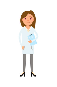 Female doctor in white coat isolated icon. Medical professional staff character, people healthcare, modern medicine vector illustration.