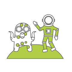 astronaut with alien comic character icon vector illustration design
