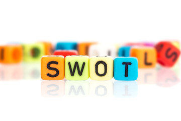 colorful word cube of  SWOT, business analysis for Strengths, Weaknesses, Opportunities and Threats concept , on a white background