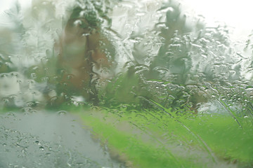 raindrop on the window with blurred exterior landscape