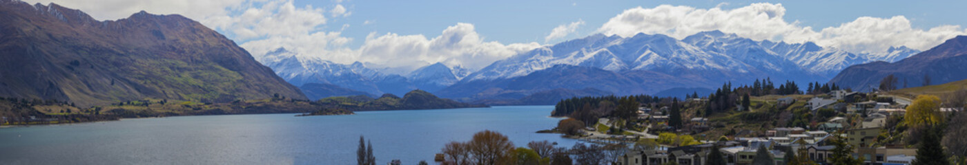 panorama view of wanaka lake town most popular natural traveling destination in south island new zealand