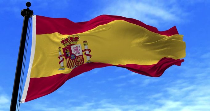 Close up Spain flag blowing in the wind, looped slowmotion, 4K