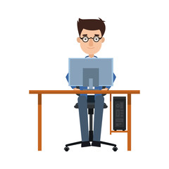 business man entrepreneur working on a laptop computer office desk vector illustration