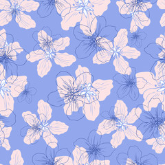 Fototapeta premium Apple flower blossom hand drawn isolated on blue background, seamless vector floral pattern, pink sakura outline art for greeting card, package design cosmetic, wedding invitation, wallpaper beauty