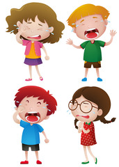 Four kids crying with tears