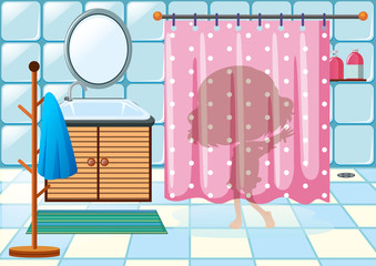 Girl behind the bathroom curtain