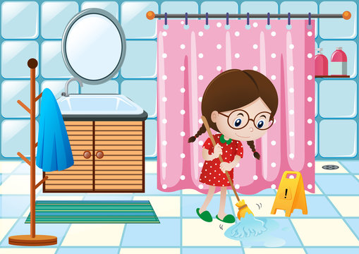 Girl cleaning bathroom floor
