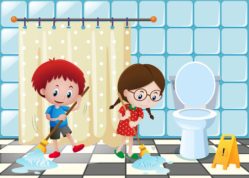 Boy and girl cleaning the bathroom