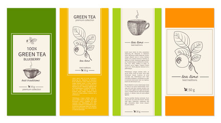 Obraz premium Collection of templates for packaging tea, coffee. Design for label, banner, poster, identity, branding with sketched cups, graphic blueberry and text. Can be used for magazines, web sites, restaurant