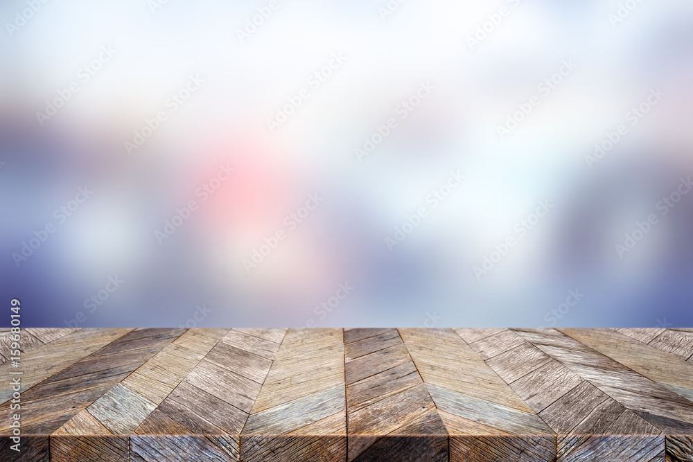 Aufkleber Empty old grunge wood plank table top with blur abstract background,Use for display for montage of product