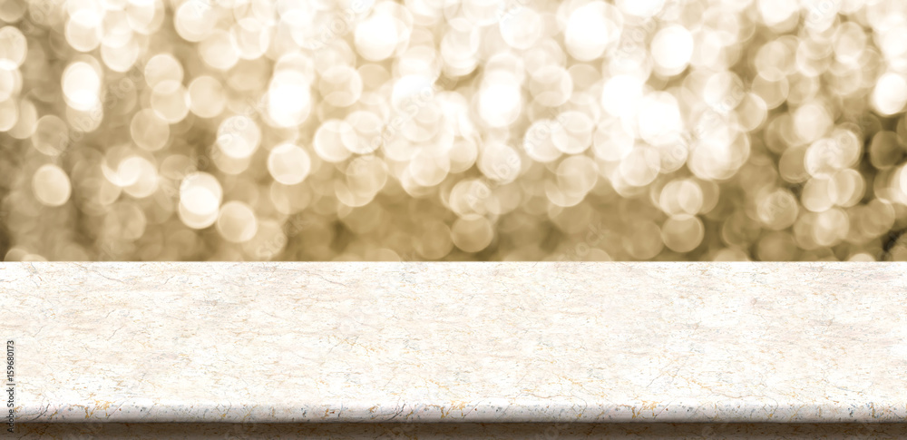 Poster empty marble table top with sparkling gold bokeh abstract background,panoramic banner for display or