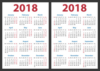 2018 year calendar, calendar design 2018 starts monday and sunday