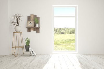 White empty room with green landscape in window. Scandinavian interior design. 3D illustration