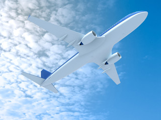 Fototapeta na wymiar 3d illustration of airplane in flying in clouds.