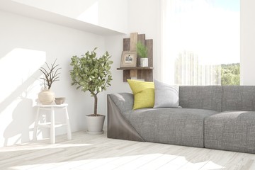 White room with sofa and green landscape in window. Scandinavian interior design. 3D illustration