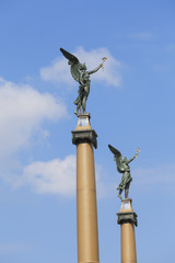Art Nouveau style sculptures on pillars , Svatopluk Cech bridge, Prague, Czech Republic