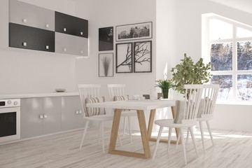 White dinner room with winter landscape in window. Scandinavian interior design. 3D illustration