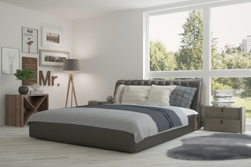White bedroom with green landscape in window. Scandinavian interior design. 3D illustration