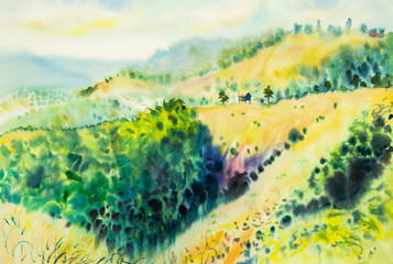 Obrazy na Szkle  akwarela oryginalny krajobraz malarstwo żółty kolor góry w tle nieba i chmur.