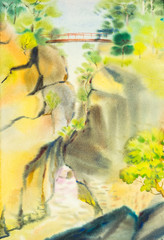 watercolor original landscape painting yellow color of  mountain in sky and cloud background.