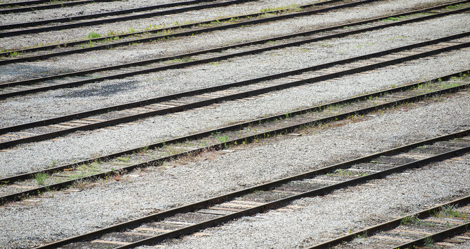 Many parallel railroad tracks.