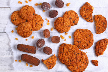 homemade Chocolate chip oatmeal cookies on paper