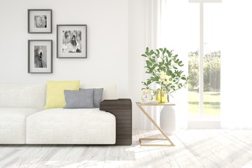 White room with sofa and green landscape in window. Scandinavian interior design. 3D illustration