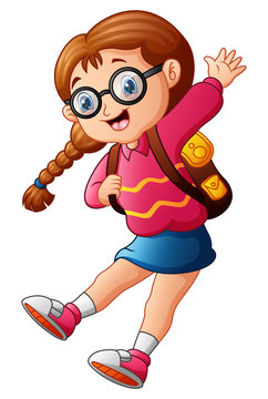 Cute School Girl Cartoon In Glasses Jumping