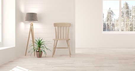 White room with chair and winter landscape in window. Scandinavian interior design. 3D illustration