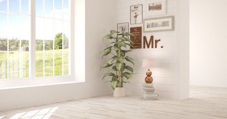White empty room with green landscape in window. Scandinavian interior design. 3D illustration