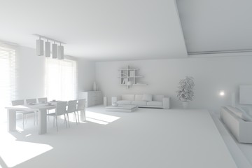 White room with sofa. Scandinavian interior design. 3D illustration