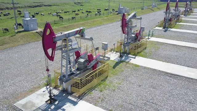 Working oil pumps against the backdrop of the countryside