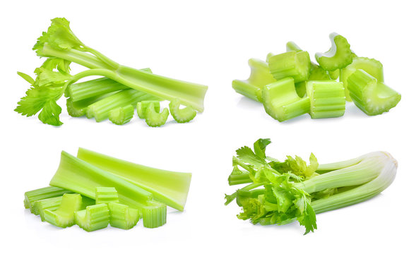 set of fresh celery isolated on white background