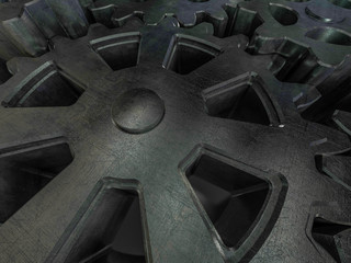 Mechanic gear cogwheels on industrial metal background. 3D rendering