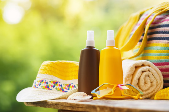 Sunscreen cosmetic and beach accessories