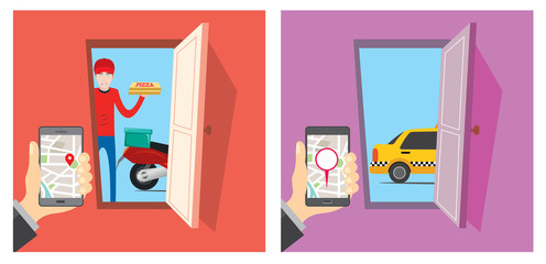 Order and Taxi tracking app mobile in hand vector illustration