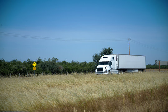 White modern semi truck on the road with yellow dry grass