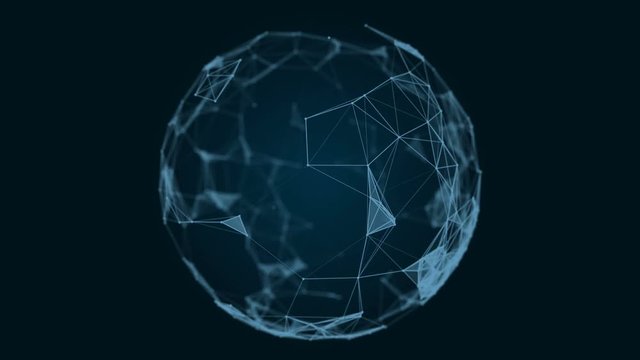 Sphere, globe and space in the form of a plexus. Abstract geometric background with moving lines, dots and triangles. Plexus fantasy abstract technology. Loop animations