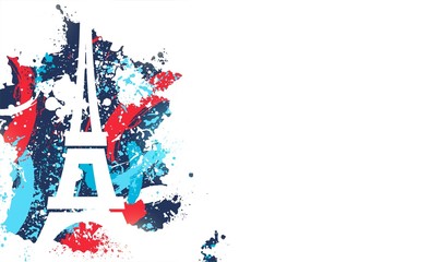 France abstract background. France map, silhouette of eiffel tower and paint/ink splashes in colors of France national flag. Vector illustration