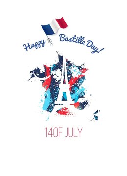 14 July Bastille day flyer, banner or poster. Colorful french map with paint/ink splatters, silhouette of eiffel tower and waving french flag. Holiday and celebration concept. Vector illustration 