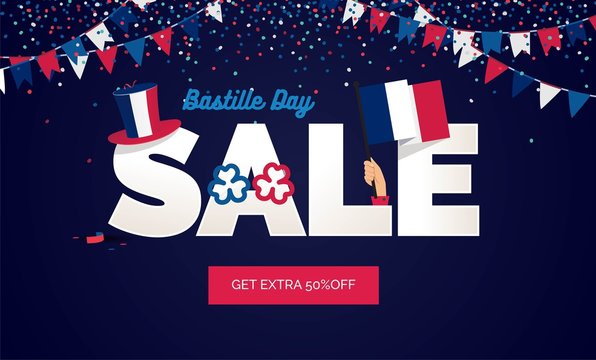 Bastille day Sale vector illustration. Sale poster with confetti, bunting flags, text and hat.