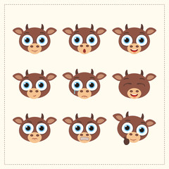 Set funny cow different emotion. Collection emoticons of cartoon cow isolated.