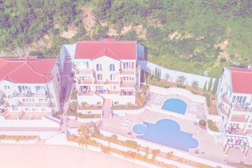 Top view of houses with a swimming pool