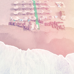 Top view of the sea and the beach with sun beds in the sunlight