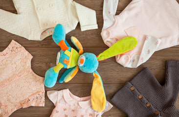 Baby Girl Clothes and Colorful Rabbit Toy in a Tabletop Flat Lay Arrangement on Brown Wooden Background