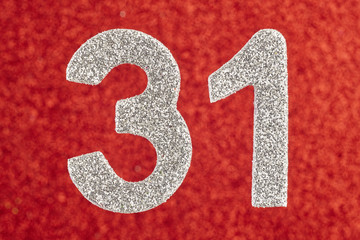 Number thirty-one silver color over a red background. Anniversary. Horizontal